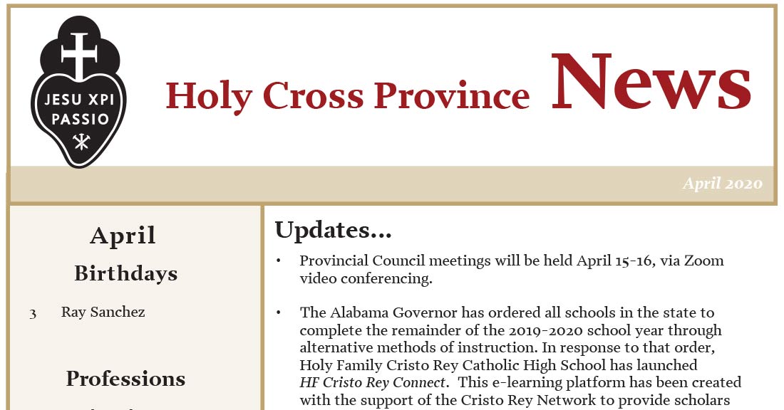 Holy Cross Province News April 2020 Passiochristi Holy Cross Province News April 2020 Passiochristi